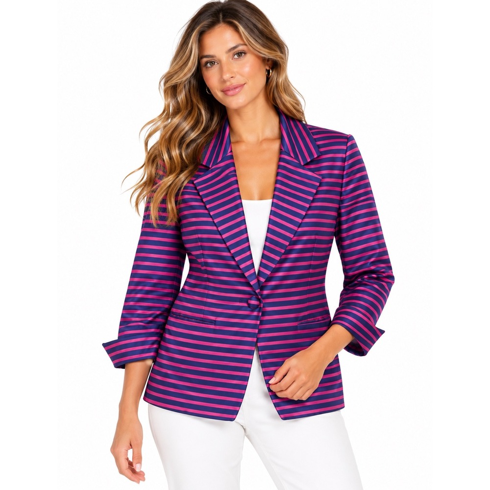 Talbots Navy Pink Striped Cotton Silk Blazer Jacket Size 6 Three-Quarter Sleeve